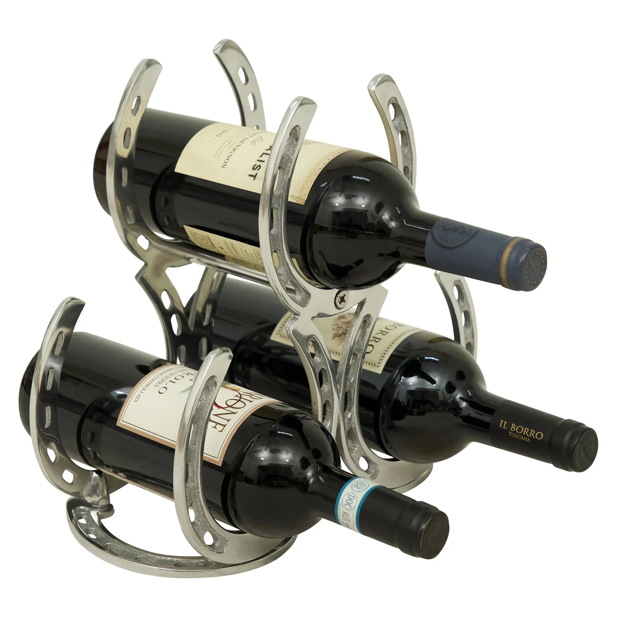 Huntley Horse Shoe 3 Bottle Wine Rack, Aluminum Silver Finish Huntley Equestrian